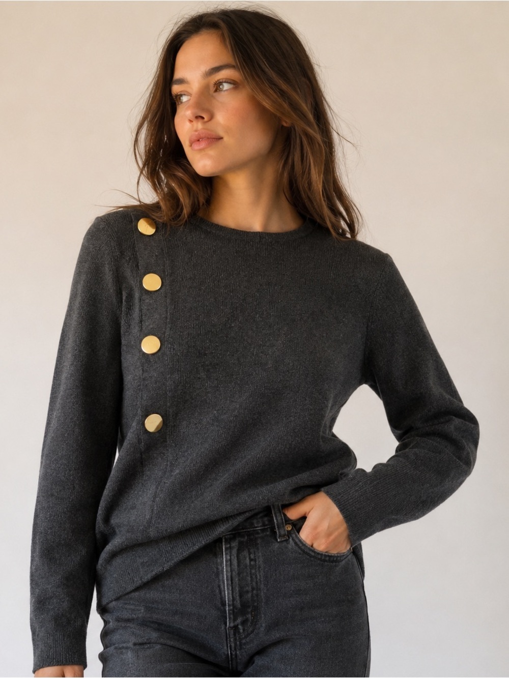 Charcoal Knit Sweater with Gold Button Detail - Picture 1 of 7